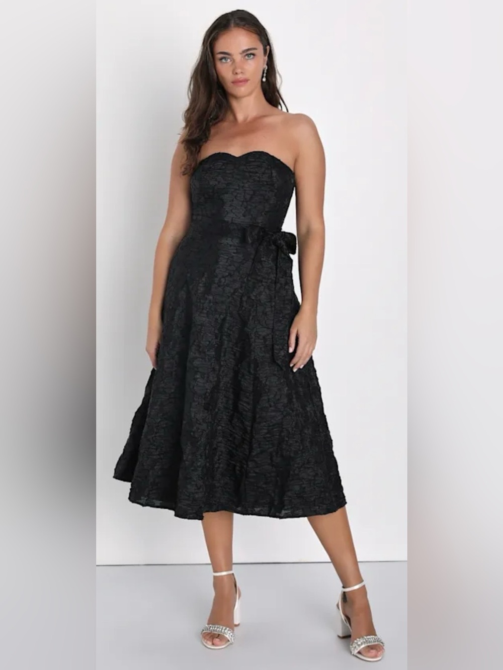 Toast to Tonight Black Textured Burnout Strapless Midi Dress Size Small